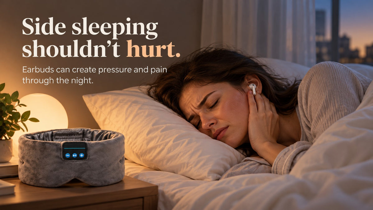Woman in pain sleeping on her side with an earbud